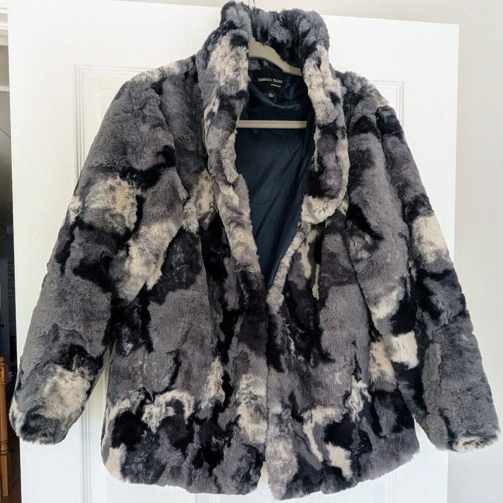 Rebecca Elliot Blue & Gray Faux Fur Jacket | Luxe Cozy Statement Coat | Size L
